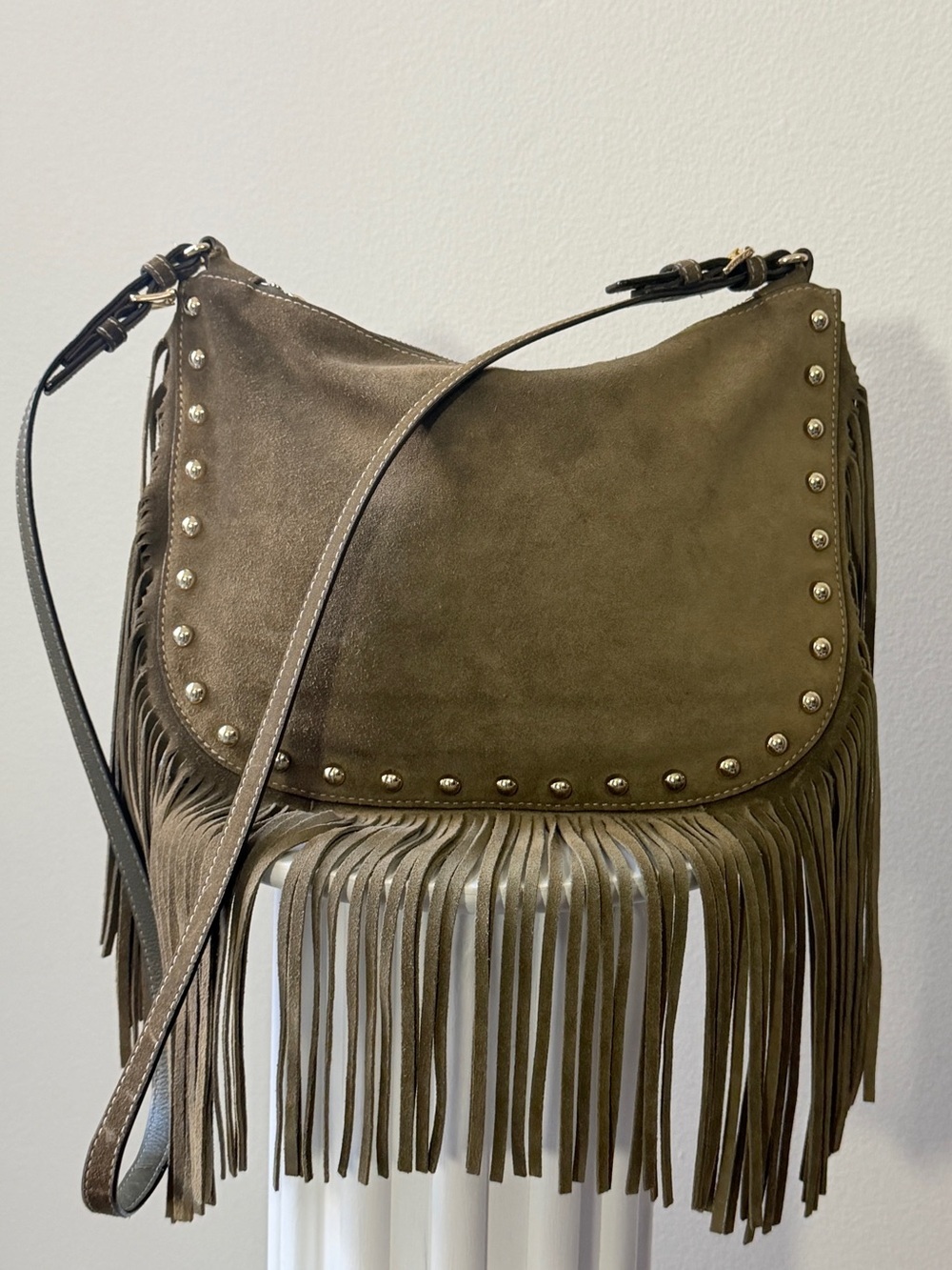 Michael Kors Fringed Suede Shoulder Bag in Olive Brown